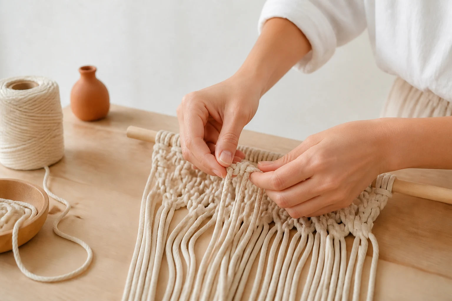 Mãos de uma artesã criando uma peça de macramê