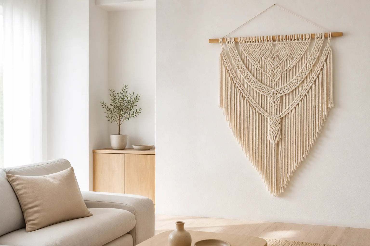 Macramê artesanal em uma sala clara e minimalista